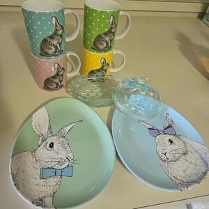 Set of Easter bunny rabbit mugs, plates, and butter dish